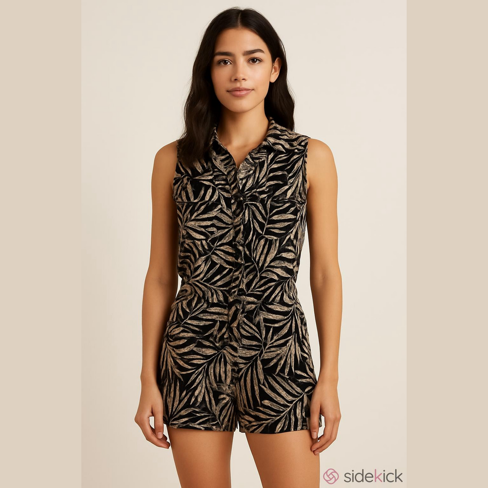 Banana Republic Palm-Print Sleeveless Snap Front Cinched Utility Shortal Romper